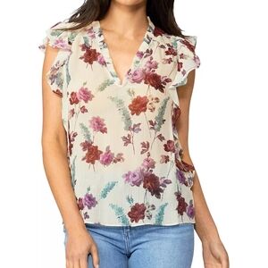 PAIGE Genie Floral Silk Chiffon Sleeveless Ruffle Blouse Nude Cream Size Small